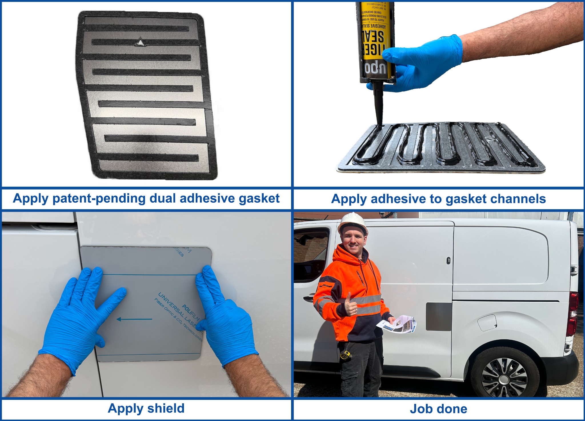 Four stages of fitting an EASYFIX shield through to a completed van